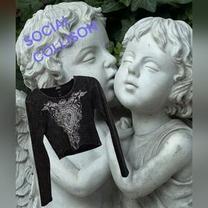 Social Collision Cropped Top with Heart, Cross, & Cherubs. Long Sleeve Junior